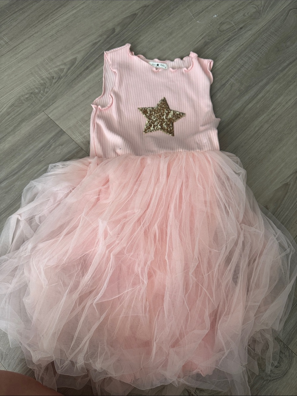 Girls Pink Tulle Star Party Dress with Gold Sequin Accent